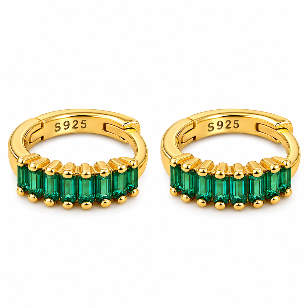18K Gold Plated 925 Sterling Silver Green CZ Helix Huggie Earrings 10mm